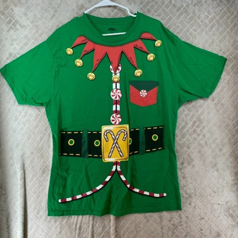 Holiday Time Adult XL T-Shirt Green Elf Santas Helper Short Sleeve Crew Neck